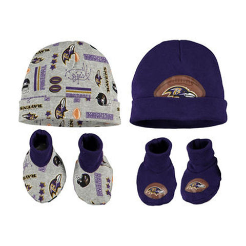 Baltimore Ravens Baby Infant 0-6 month 4 Piece Set 2 Beanie Caps & 2 Booties