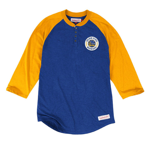 Golden State Warriors Mens Mitchell & Ness Unbeaten Henley T-Shirt Blue Yellow